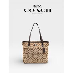 NEW Authentic Coach Brown Signature 12cm Canvas and Leather City Top Zip Tote